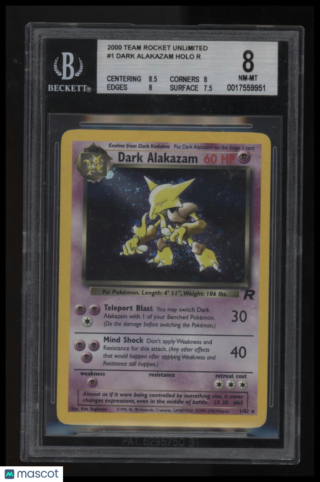 2000 Pokemon Team Rocket Unlimited Dark Alakazam HOLO R BGS 8.0