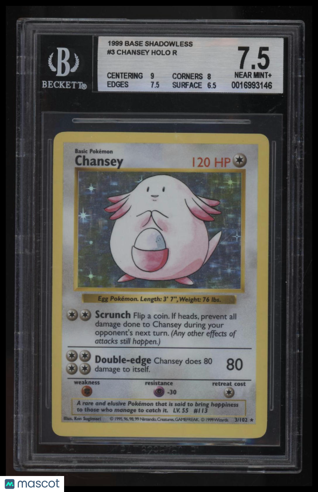 1999 Pokemon Base Shadowless Chansey HOLO R BGS 7.5
