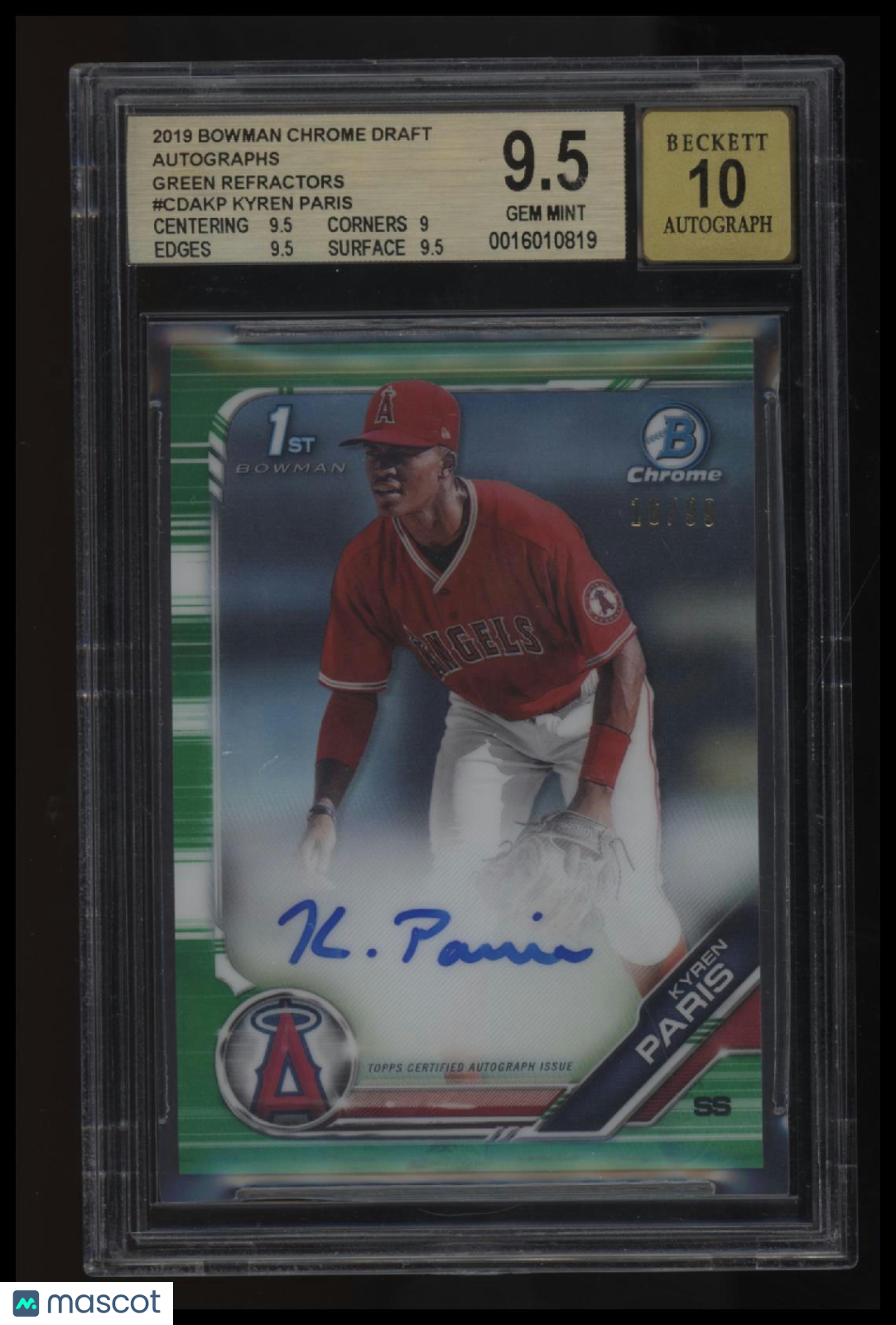 2019 Bowman Chrome Draft Autographs Green Refractors Kyren Paris BGS 9.5