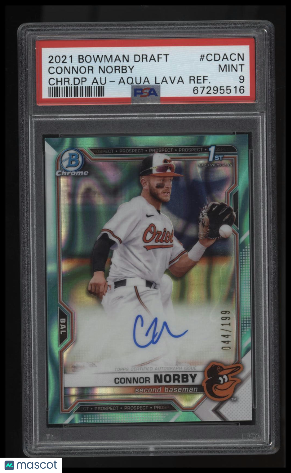 2021 Bowman Draft Chrome Draft Pick Autos Connor Norby Aqua Lava Ref. PSA 9