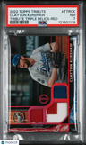 2022 Topps Tribute Tribute Triple Relics Clayton Kershaw Triple Relics-Red PSA 7