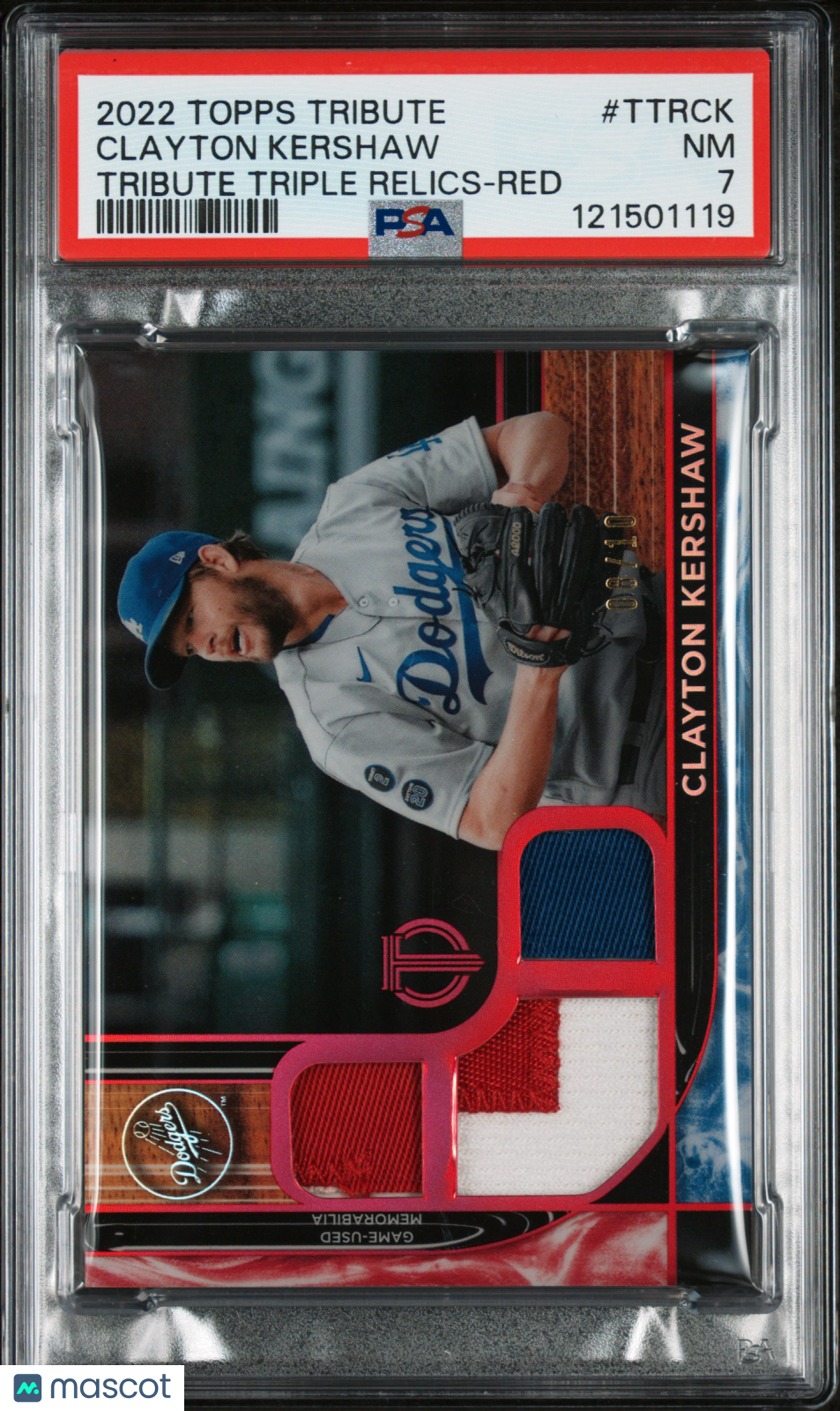 2022 Topps Tribute Tribute Triple Relics Clayton Kershaw Triple Relics-Red PSA 7