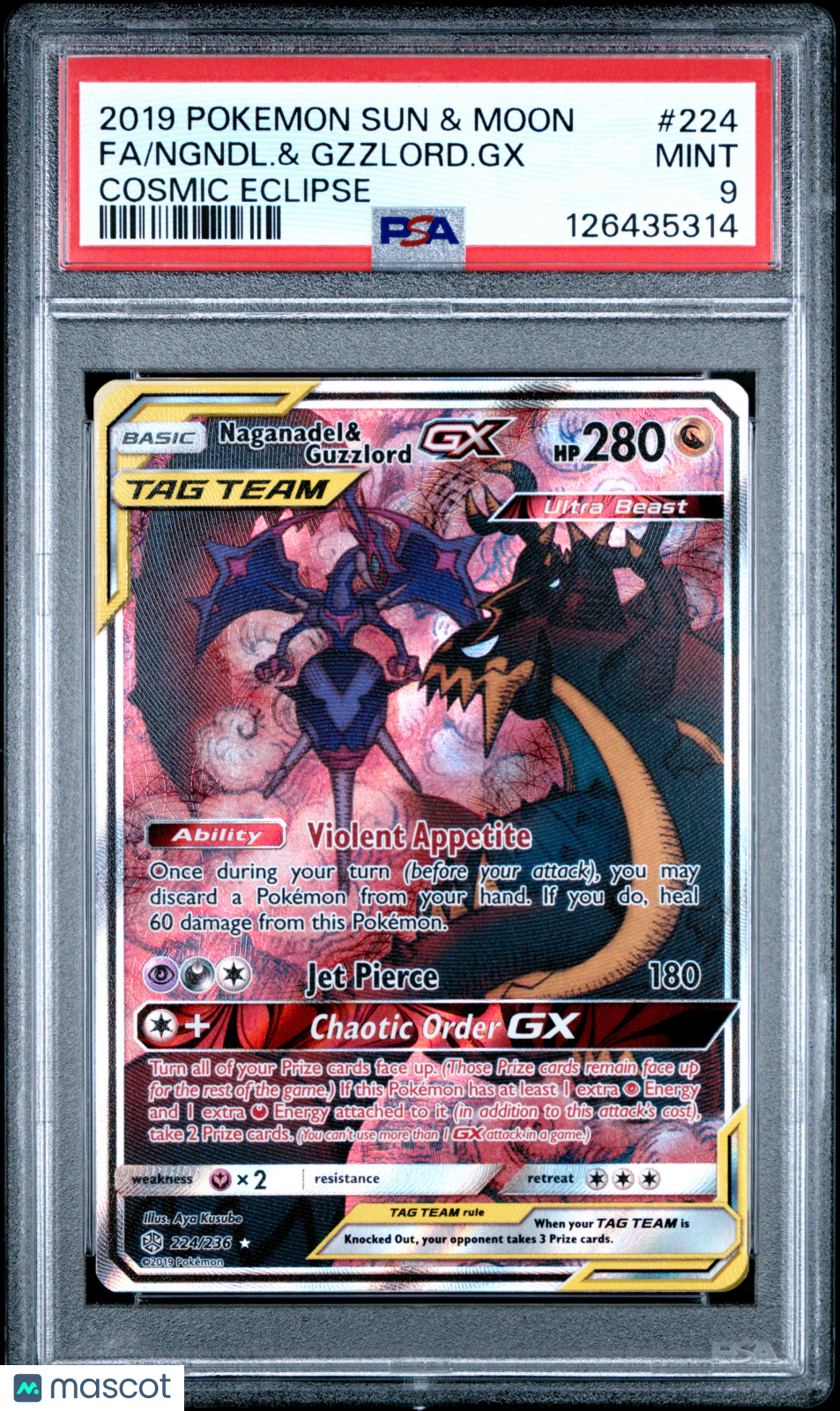 2019 Pokemon Sun &amp; Moon Cosmic Eclipse Ngndl.&amp; Gzzlord.Gx PSA 9