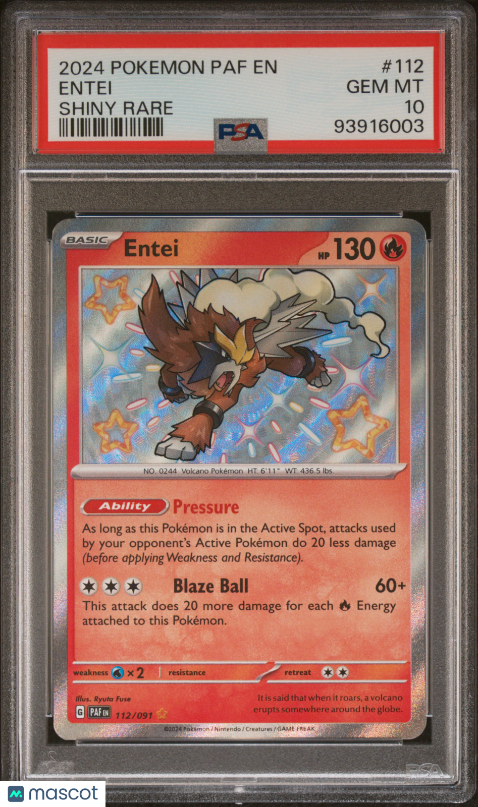 2024 Pokemon Paf En-Paldean Fates Entei Shiny Rare PSA 10