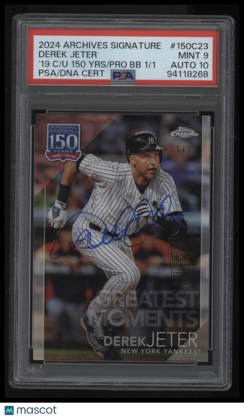 2024 Topps Archives 2019 Chrome Update Derek Jeter 150 Years 1/1 PSA 9 Auto 10